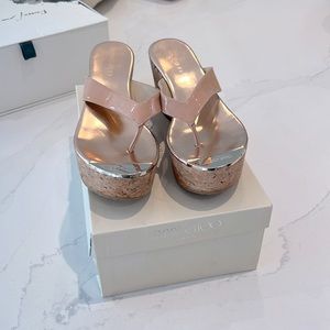 Jimmy Choo blush patent mirror, leather size 37 cork wedge